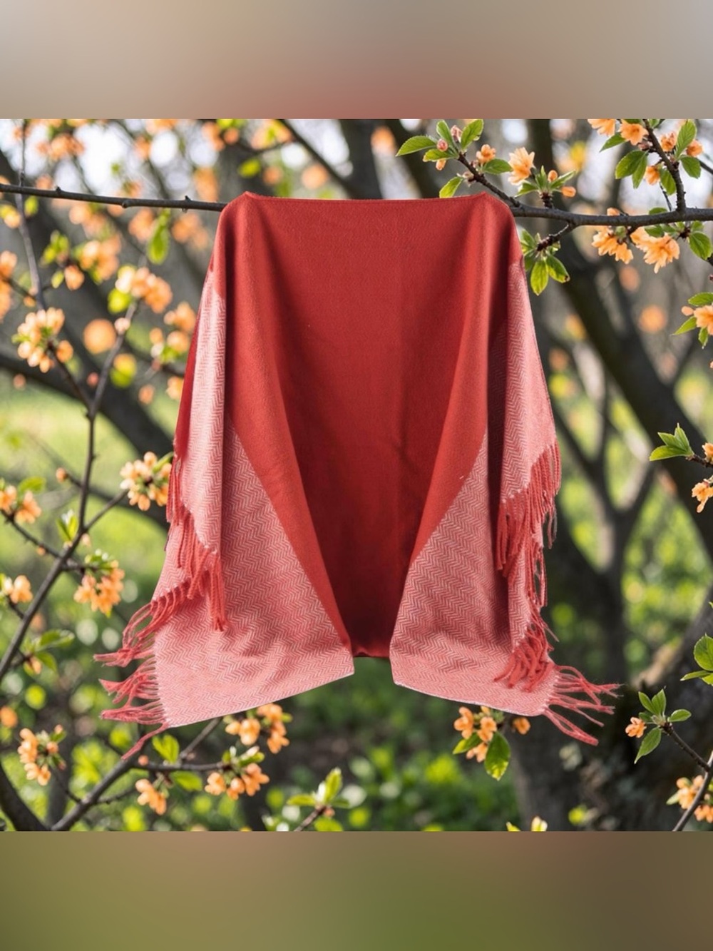 Universal Thread Poncho Pullover Coral Orange Fringe Herringbone One Size Most